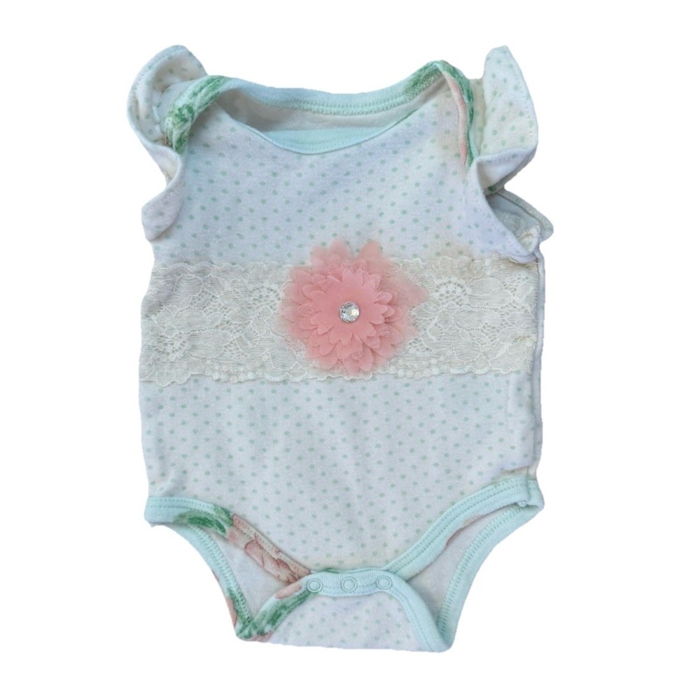 Catherine Malandrino Baby Girl 0-3M Polka Dot Ruffle Sleeve Bodysuit Flower Lace